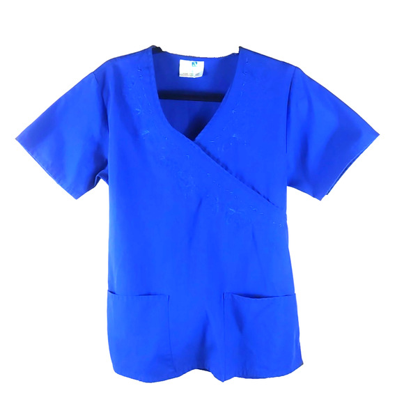 Adar Women's Scrub Top Royal Blue Tie Back Embroidered Size Medium - Picture 1 of 6